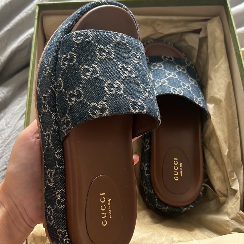 Gucci Blue Monogram Denim Slide Sandals - Picture 5 of 7